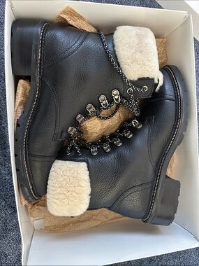 Frye Black Leather Ankle Boots with Cream Shearling Cuffs
